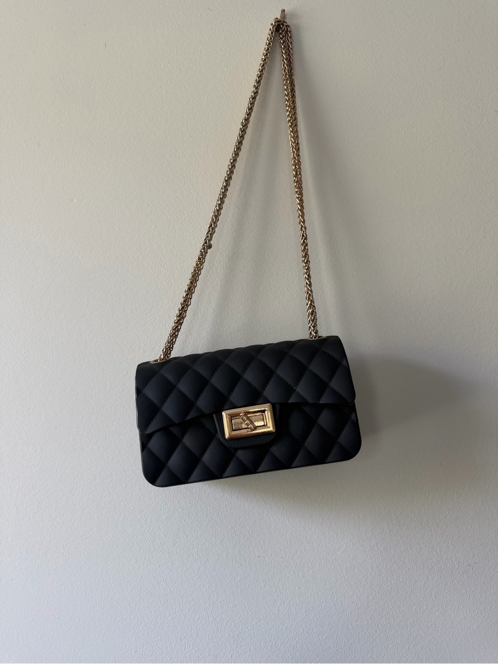 Classic Quilted Shoulder Bag in Black with Gold Chain
